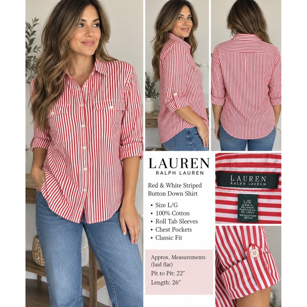 Lauren Ralph Lauren Red White Striped Roll Tab Button Down Shirt L
